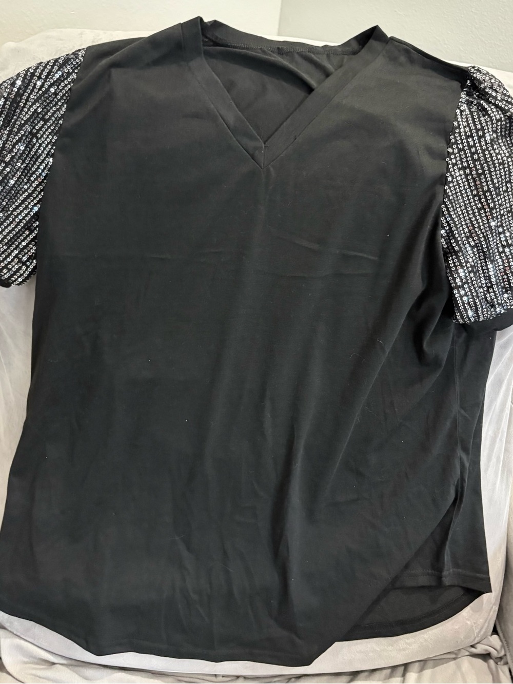 Men's Black V-Neck Shirt with Patterned Short Sleeves